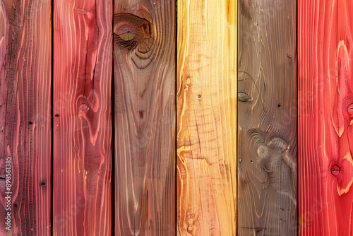 Colorful Wooden Planks with Natural Grain in Red, Brown, and Yellow Tones
