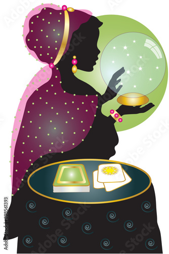  Illustration of a black silhouette of fortune teller with crystal ball and tarot cards