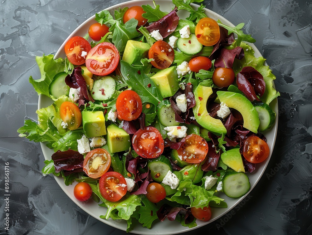 Vibrant and Fresh Colorful Salad with Mixed Greens, Cherry Tomatoes, Avocados, and Feta Cheese on White Plate Vibrant and Fresh Colorful Salad with Mixed Greens, Cherry Tomatoes, Avocados, and Feta Cheese on White Plate