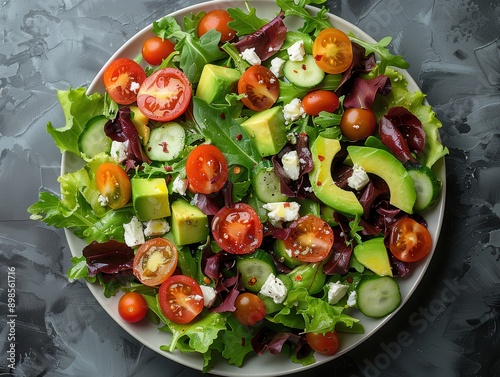 Vibrant and Fresh Colorful Salad with Mixed Greens, Cherry Tomatoes, Avocados, and Feta Cheese on White Plate