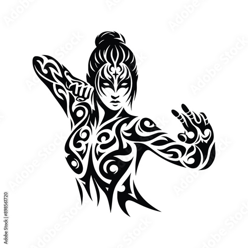 kungfu, Tai Chi  female player in ethnic tribal pattern illustration, emblem shield badge