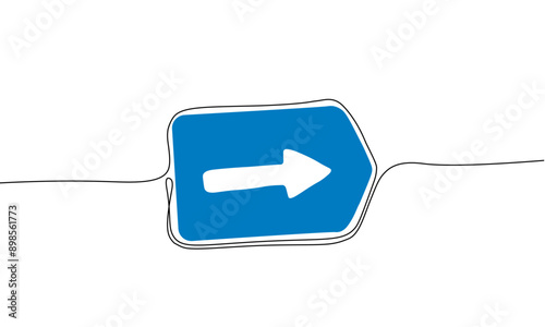 Turn right only sign continuous line sketch design road sign blue symbol arrow icon. Directional sign minimalist one line art outline logo. Doodle line abstract background. Vector illustration.	