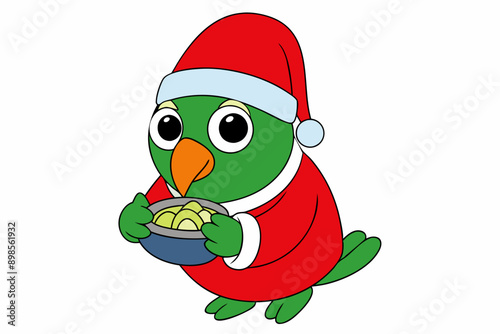 Santa Claus Parrot Eating Christmas Food Vector Illustration.