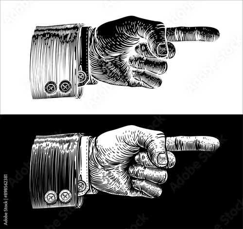 A hand pointing a finger in an etched vintage woodcut style