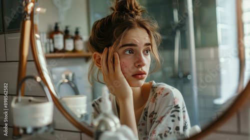 A teenager looks anxiously into the mirror in the bathroom, examining acne and inflammation on his face, applying cream for treatment. Problems of teenage skin and self-esteem