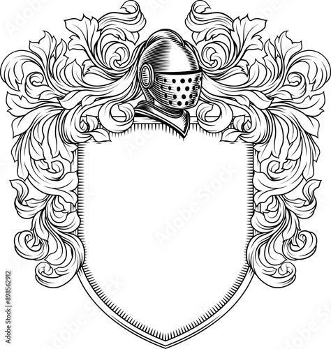 Coat of arms crest knight family medieval shield heraldry heraldic armorial motif. Featuring a knights helm helmet in a vintage etching engraving woodcut style