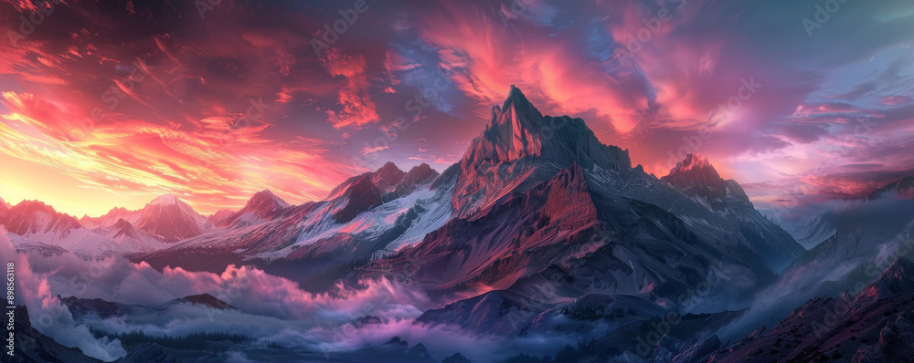 Obraz premium A dramatic mountain landscape background with rugged peaks, deep valleys, and a vibrant sunset, perfect for an adventurous and bold setting.