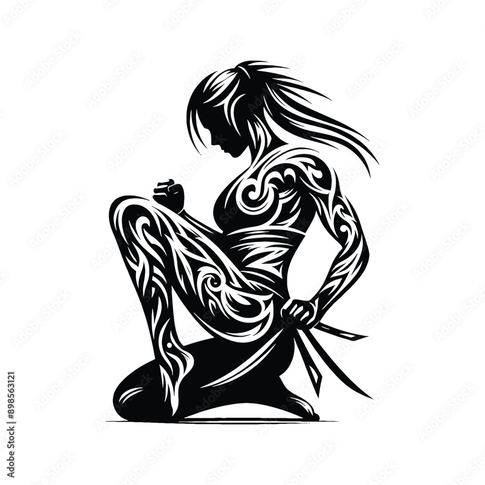 Obraz premium Judo , martial art , Karate , Taekwondo female player in ethnic tribal pattern illustration, emblem shield badge