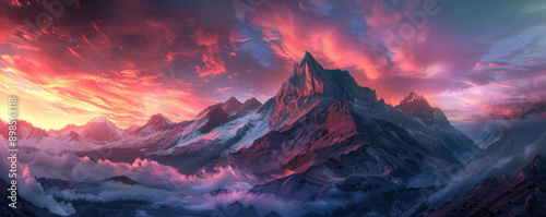 A dramatic mountain landscape background with rugged peaks, deep valleys, and a vibrant sunset, perfect for an adventurous and bold setting.