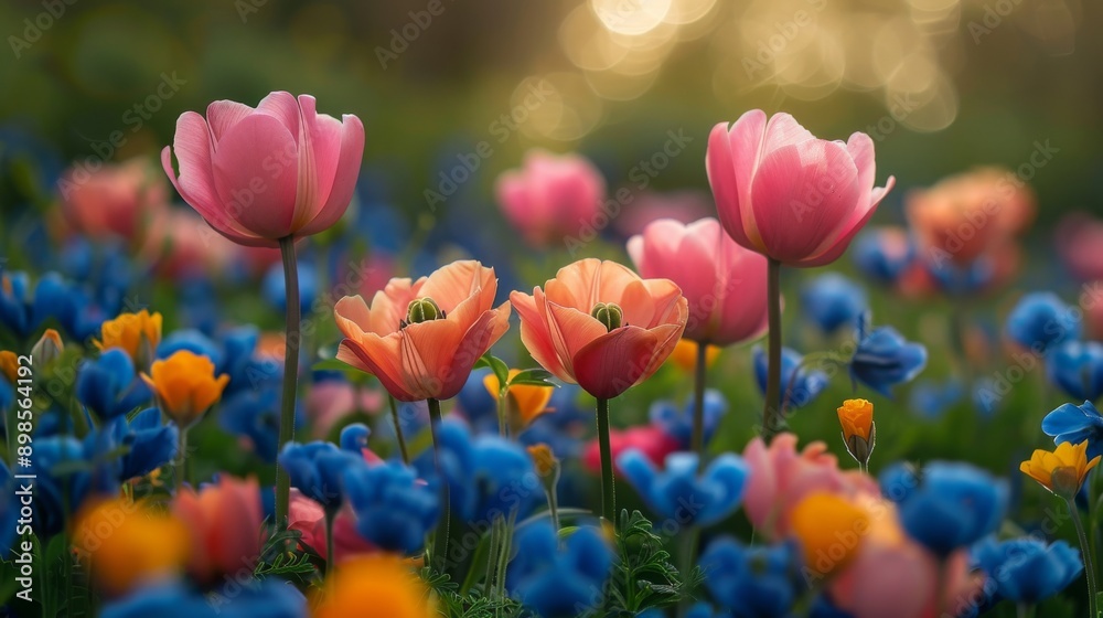 Fototapeta premium Beautiful pink and orange tulips are blooming in a field of colorful flowers, illuminated by warm evening sunlight