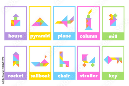 Tangram puzzle for children. A set of educational tangram cards with objects. Colorful geometric collection with isolated objects. Various icons on a white background. Vector illustration.