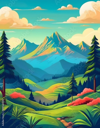 illustration of a European mountain landscape flat art design for a postcard