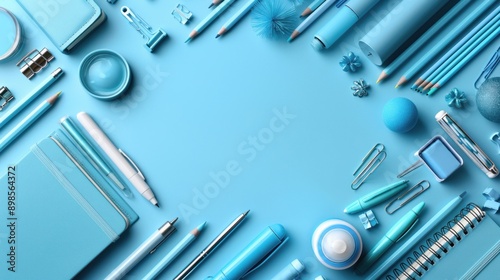 Blue pencils, pens, paperclips, notebooks, and other school supplies arranged on a blue desk