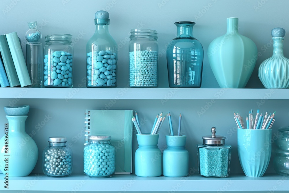 A shelf with blue and teal decorative items A shelf with blue and teal decorative items