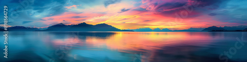 
A panoramic view of a beautiful colorful sunset over the sea with mountains in Thailand, a beautiful landscape. The view shows a panorama