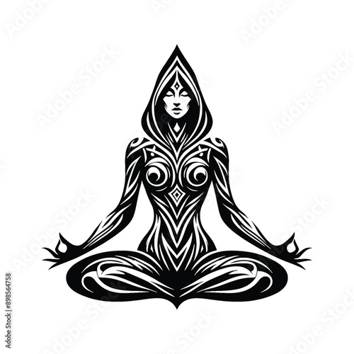 Meditation, yoga female player in ethnic tribal pattern illustration, emblem shield badge