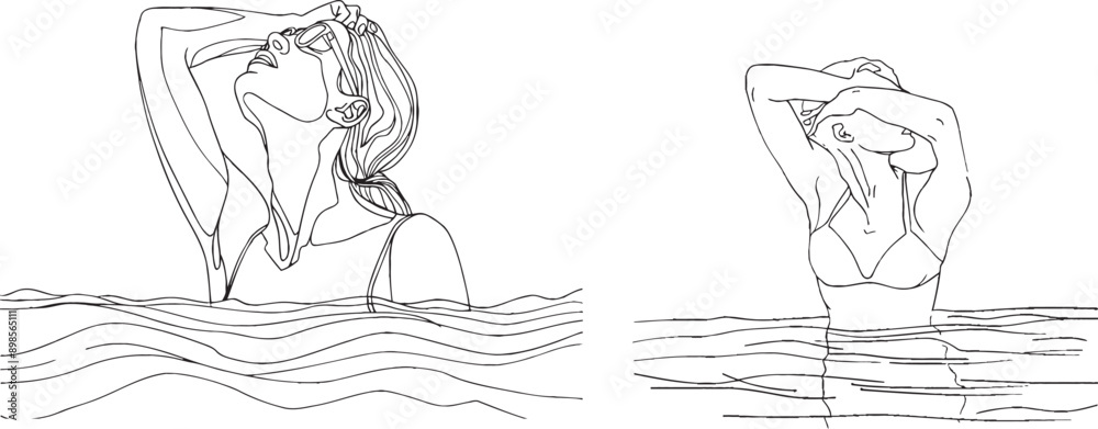 Art drawing of one line continuous portrait of a swimming athlete woman. Illustration of a healthy lifestyle through sport. Art drawing of one line continuous portrait of a swimming athlete woman. Illustration of a healthy lifestyle through sport.