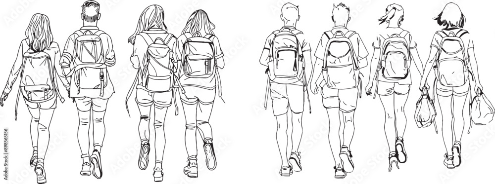 Cartoon of a school kid with a backpack running to school. This is a rear view illustration with a single line of art. Cartoon of a school kid with a backpack running to school. This is a rear view illustration with a single line of art.