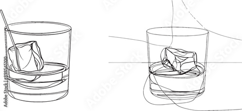 One line continuous drawing of whiskey glasses on the rocks. Bourbon, scotch, bourbon icon. Hand drawn linear modern illustration. Print, banner, card, wall art poster, sign. Bar, pub, shop logo.
