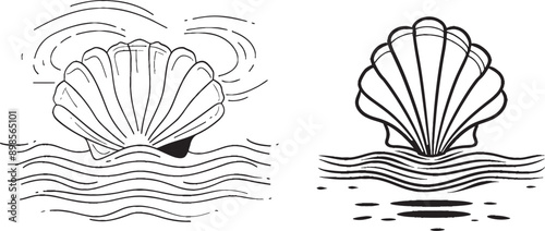 One line drawing of an oyster shell with a pearl inside. Symbolising a spa and wellness salon using a seashell symbol and banner. Editable strokes. Outline Modern illustration.