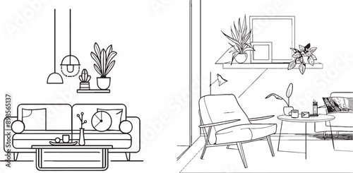 An interior design illustration of a modern living room that has a couch and pillows for relaxing. The room has a window and curtains, plants in pots, and a painting on the wall. An illustration of a