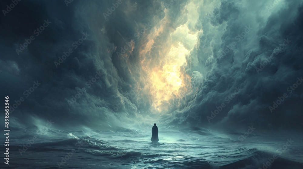 A lone figure stands amidst tumultuous waves under dark, swirling clouds, illuminated by a distant ethereal light. A powerful scene of nature’s majesty. A lone figure stands amidst tumultuous waves under dark, swirling clouds, illuminated by a distant ethereal light. A powerful scene of nature’s majesty.