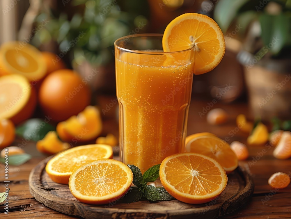 Refreshing Freshly Squeezed Orange Juice in Glass with Citrus Slices Refreshing Freshly Squeezed Orange Juice in Glass with Citrus Slices