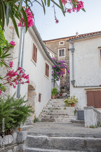 Fototapeta Naklejka Na Ścianę i Meble -  Old historical dreamy streets. Beautiful houses and businesses in a romantic tourist location. Beautifully landscaped streets and small squares in Brseč, Istria, Croatia