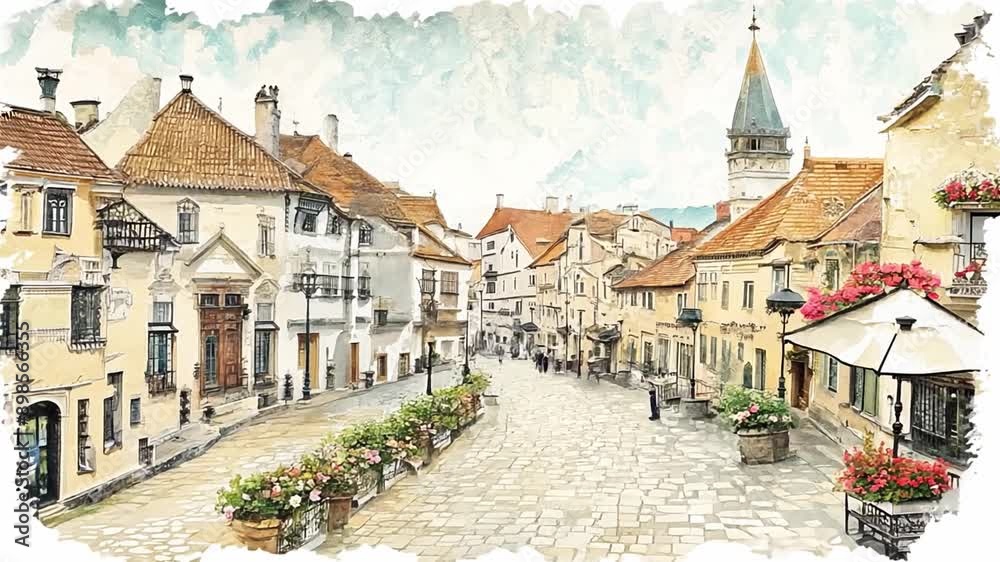 A cobblestone street lined with colorful buildings, flowers, and streetlamps in a European town. A cobblestone street lined with colorful buildings, flowers, and streetlamps in a European town.