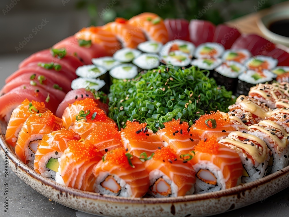 Delicious Plated Sushi Selection with Rolls, Ginger, and Wasabi Garnish Delicious Plated Sushi Selection with Rolls, Ginger, and Wasabi Garnish