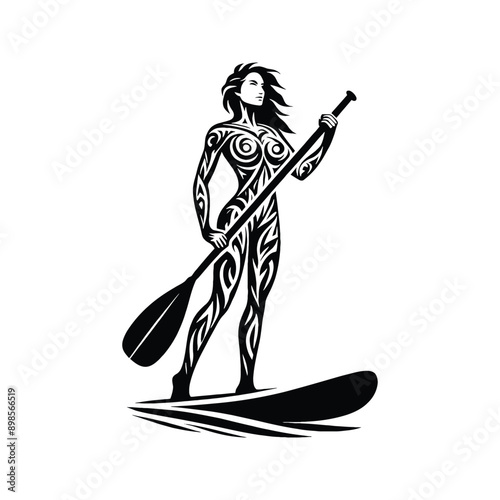 Paddleboarding  female player in ethnic tribal pattern illustration, emblem shield badge