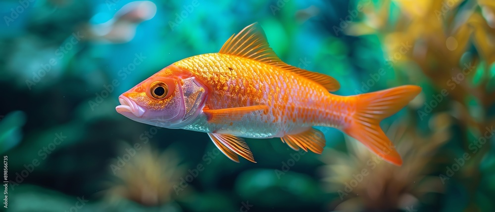 Single orange and yellow fish swimming in an aquarium Single orange and yellow fish swimming in an aquarium