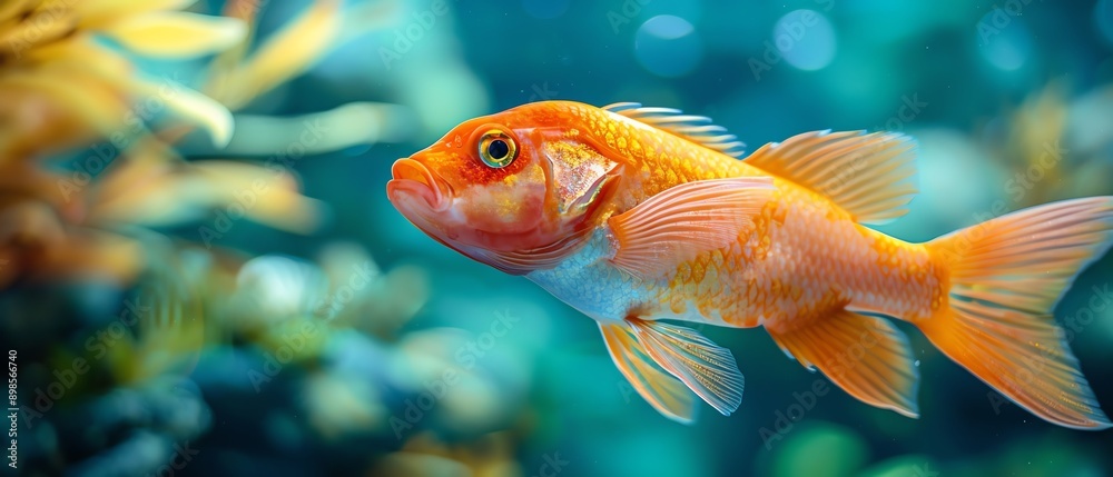 Close-up of a vibrant orange goldfish swimming in an aquarium Close-up of a vibrant orange goldfish swimming in an aquarium