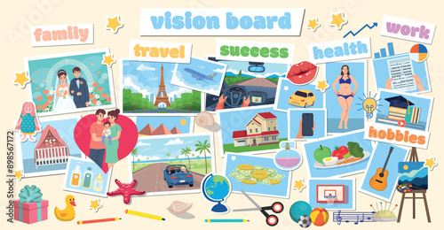 Wish board with pictures. Visualization of all aspects of a person. Family, travel, success, finances, health, work and hobbies. Vector illustration in flat cartoon style.