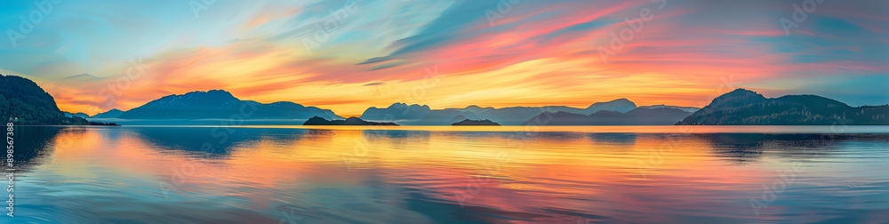 A panoramic view of the sea with mountains in the background, a golden sunset sky, vibrant colors reflecting on the calm waters.
A panoramic view of the sea with mountains in the background, a golden sunset sky, vibrant colors reflecting on the calm waters.