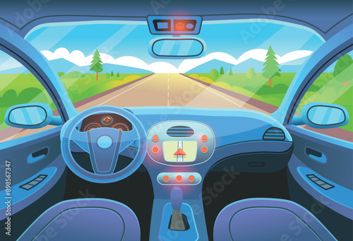 Car interior, view inside the car with steering wheel, dashboard and road, illustration in flat style. Cartoon vector illustration.
