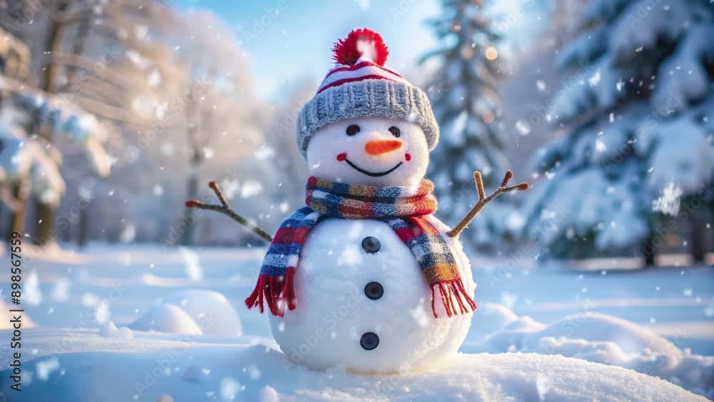 Cheerful Snowman with Scarf and Hat in Winter Wonderland, Christmas Decoration