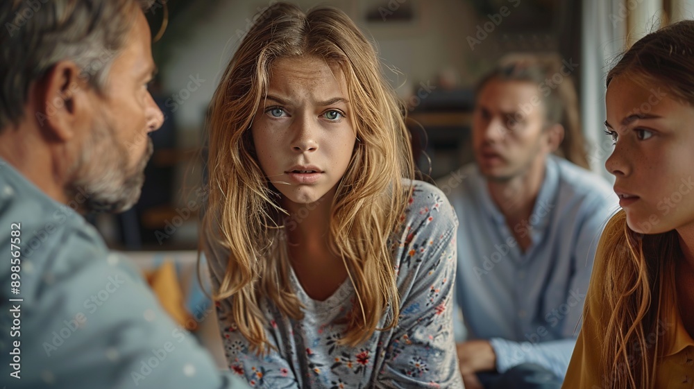 An angry mother and father engage in a heated discussion while their daughter watches from a distance, tears in her eyes. This image captures the emotional strain and heartache of family conflicts. An angry mother and father engage in a heated discussion while their daughter watches from a distance, tears in her eyes. This image captures the emotional strain and heartache of family conflicts.
