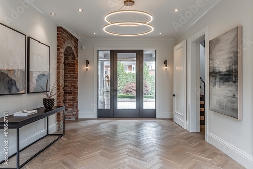 Modern minimalistic entryway with white walls, light wood herringbone flooring, and a large brass circular chandelier. Features a black console table, framed artwork, decorative ceiling lights photo