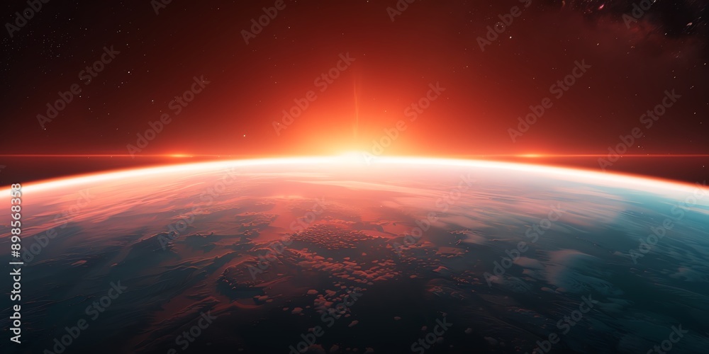 Sunrise over Earth from space, with a fiery red sky. Sunrise over Earth from space, with a fiery red sky.