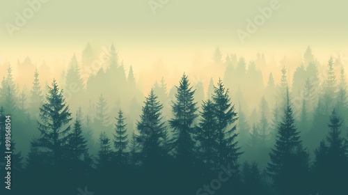 Misty landscape with fir forest in vintage retro style. 