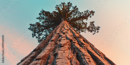 Low angle view of a giant sequoia tree trunk against a blue sky