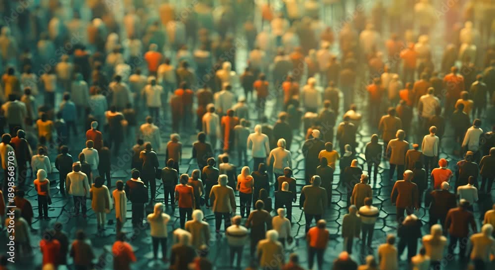 A crowd of people are standing in a city street. The people are of different ages and sizes, and they are all looking in different directions. The scene is bustling and lively