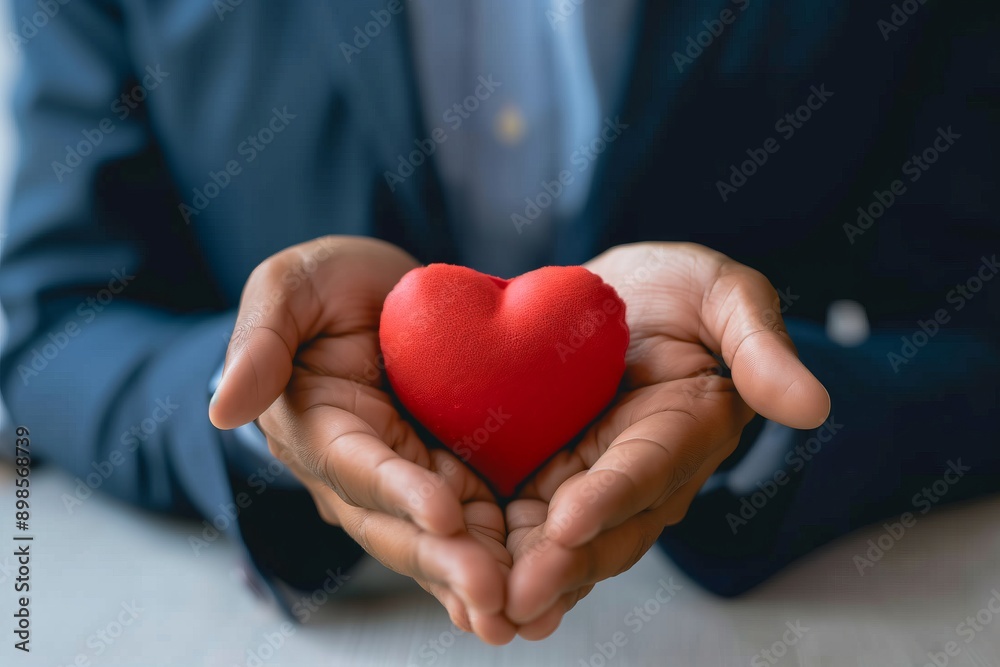 A man is holding a red heart in his hands. Concept of love and warmth, as the man is holding the heart close to his chest. The heart is a symbol of affection and care A man is holding a red heart in his hands. Concept of love and warmth, as the man is holding the heart close to his chest. The heart is a symbol of affection and care