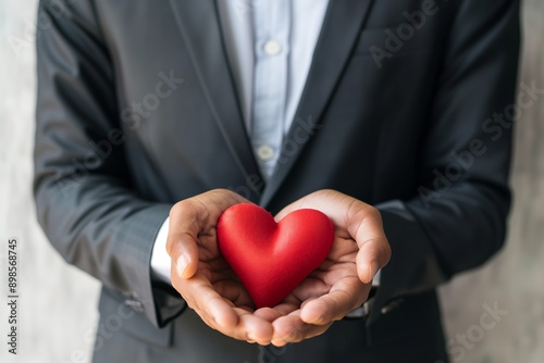 A man is holding a red heart in his hand. Concept of love and affection photo