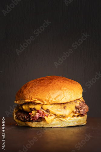 Burger con carne de res, queso, tocino con pan brioche