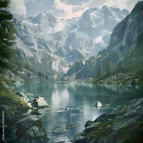 Krajobraz górski z jeziorem © Adam