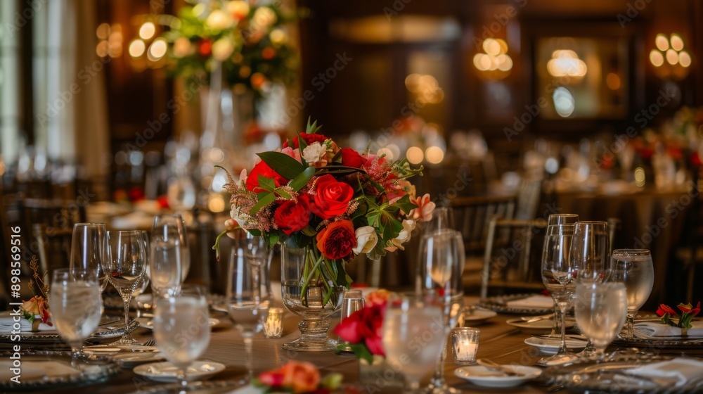 A close-up of a beautifully decorated table setting with red floral centerpiece, candles and glassware. A close-up of a beautifully decorated table setting with red floral centerpiece, candles and glassware.