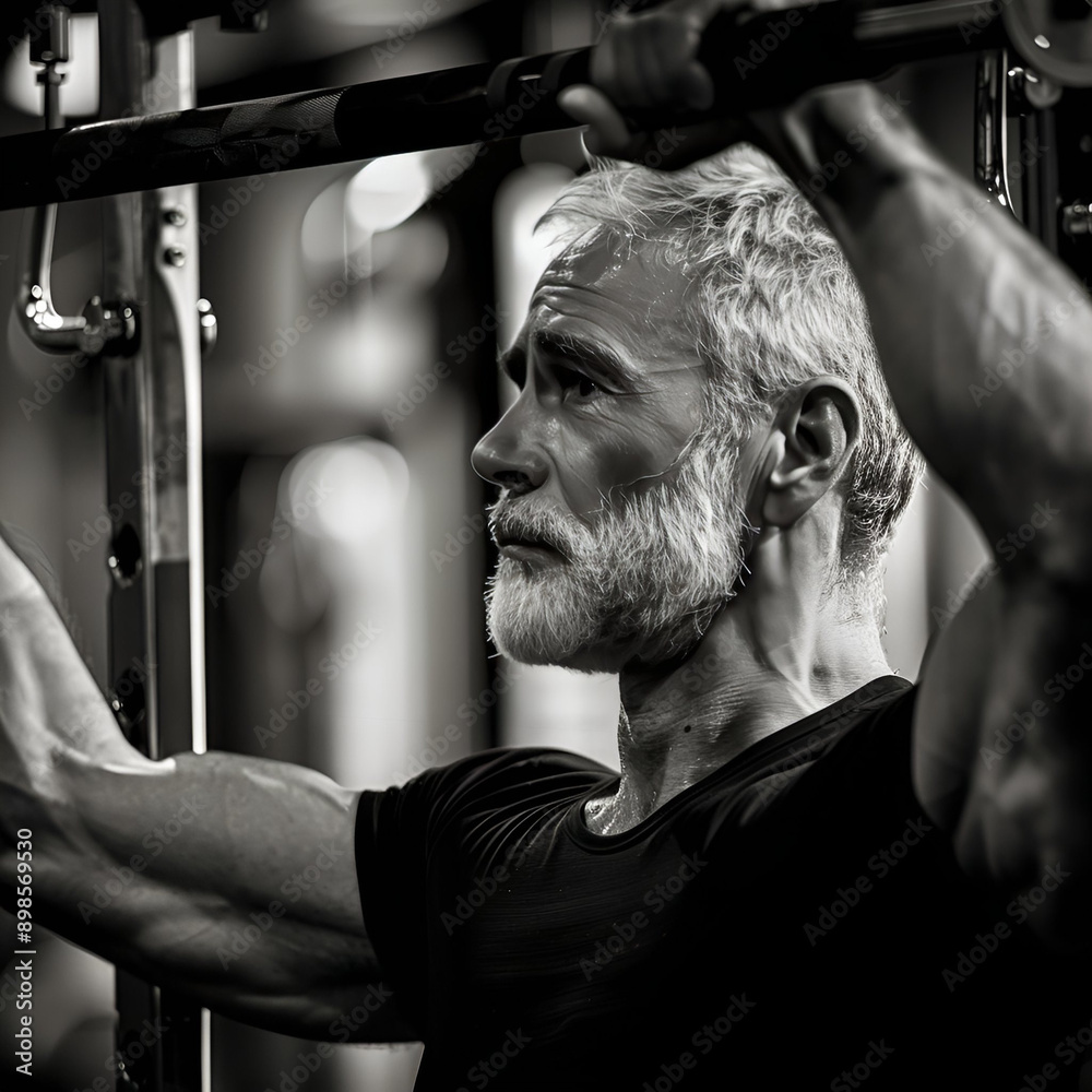 Naklejka premium Starszy mężczyzna ćwiczący na siłowni