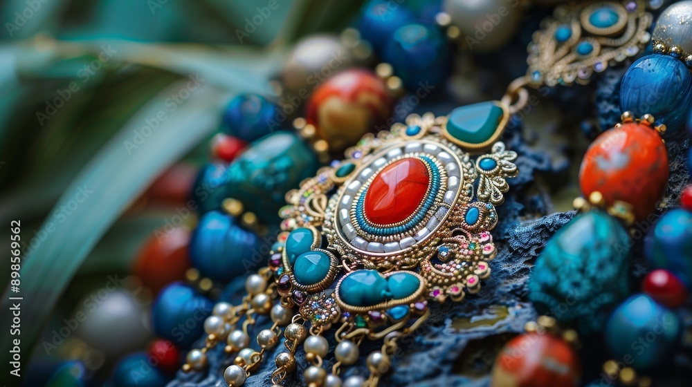 A close-up of a colorful beaded necklace with a detailed pendant, showcasing intricate design and vibrant gemstones. A close-up of a colorful beaded necklace with a detailed pendant, showcasing intricate design and vibrant gemstones.
